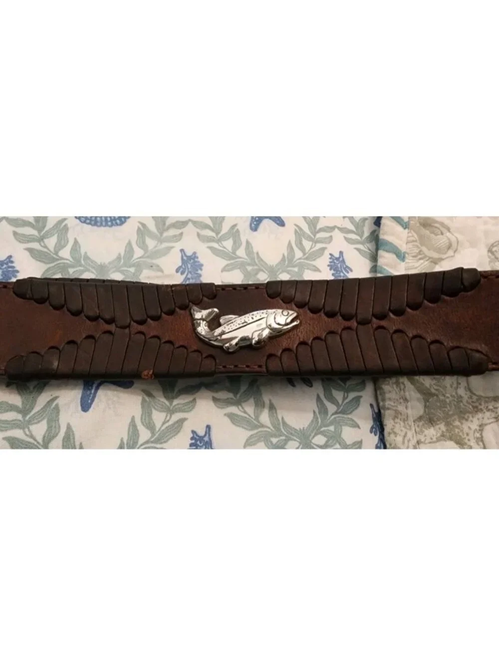 Vintage Brighton Belt 36 Brown Leather Fly Fishing Brass Studs Buckle Woven